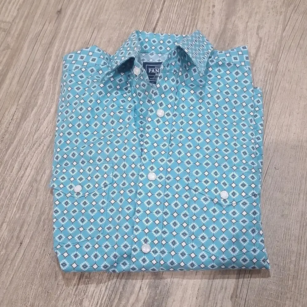 Panhandle Rough Stock Boys Pearl Snap Western Shirt Turquoise Sz.M (10)#1179